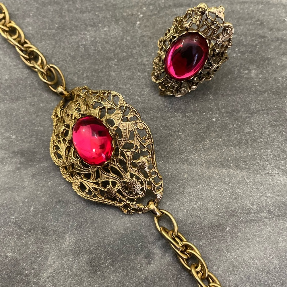 Vintage West Germany Gold Filigree Bracelet Red Glass Ring Set - Picture 6 of 16